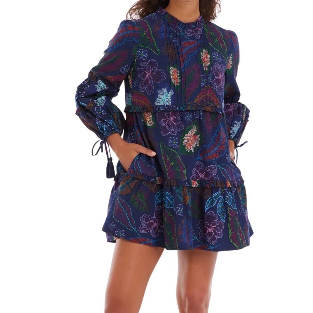 Allison Floral Print Mini Dress Long Sleeve Tiered Ruffle Tie Details Navy